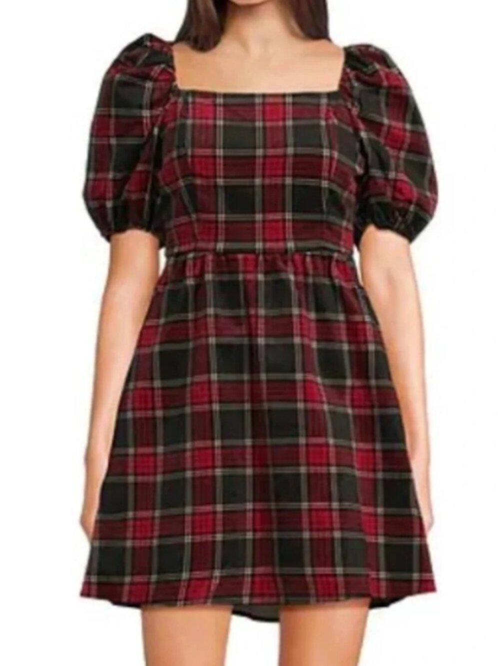 NWT! Copper Key Velvet Red and Black Plaid Puff-Sleeve Mini Dress Sz S